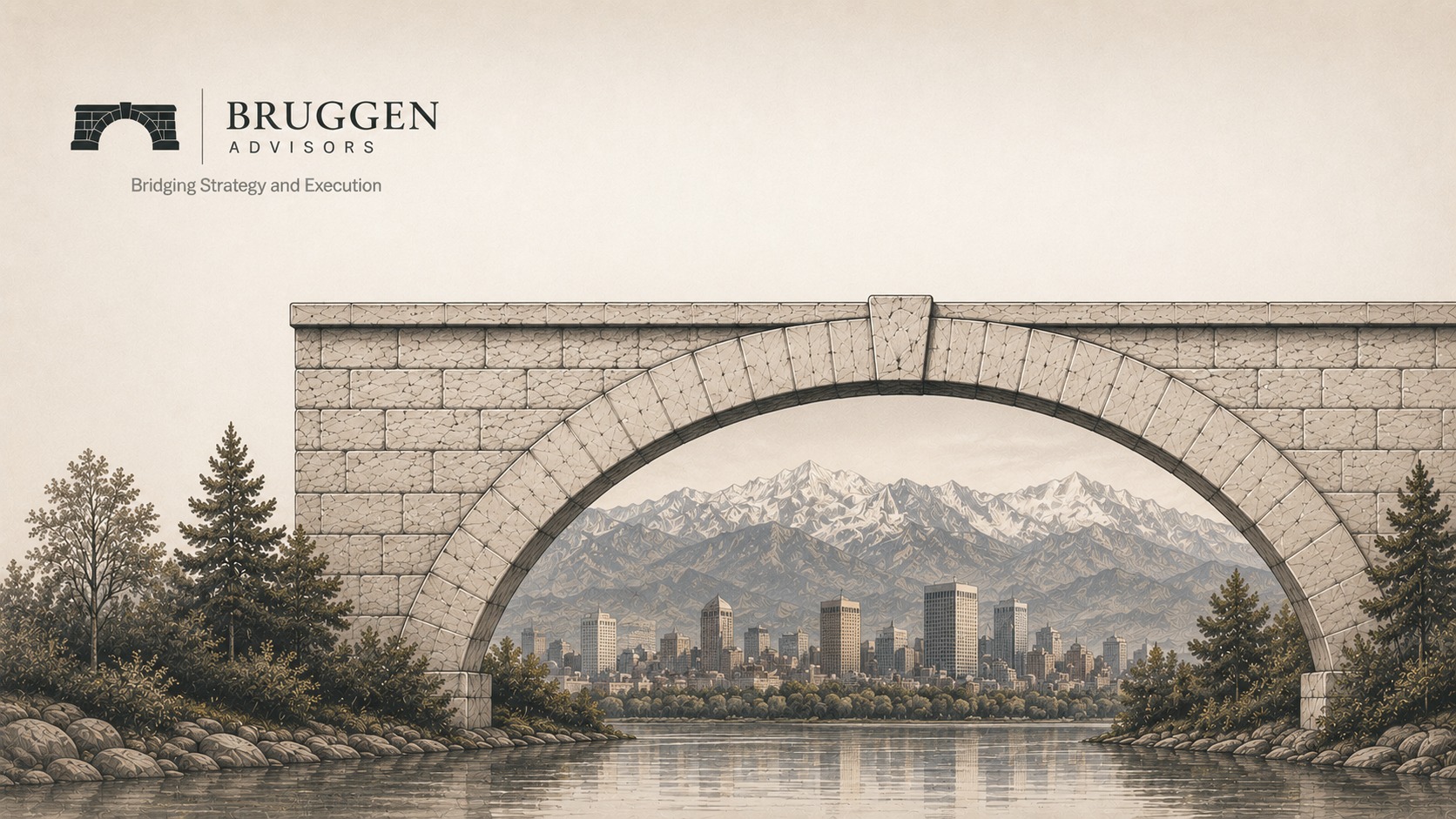 An illustrated stone bridge framing a city skyline and mountains — the Bruggen Advisors brand mark.