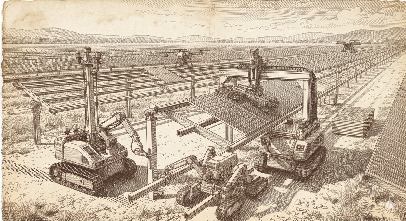 Illustrated concept of automated robotic equipment installing solar panels in the field.