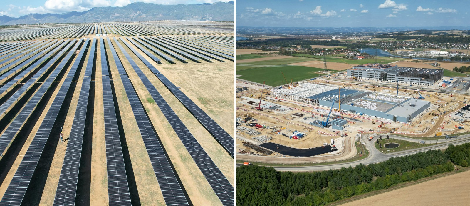 Split view: a utility-scale solar installation alongside a data center under construction.